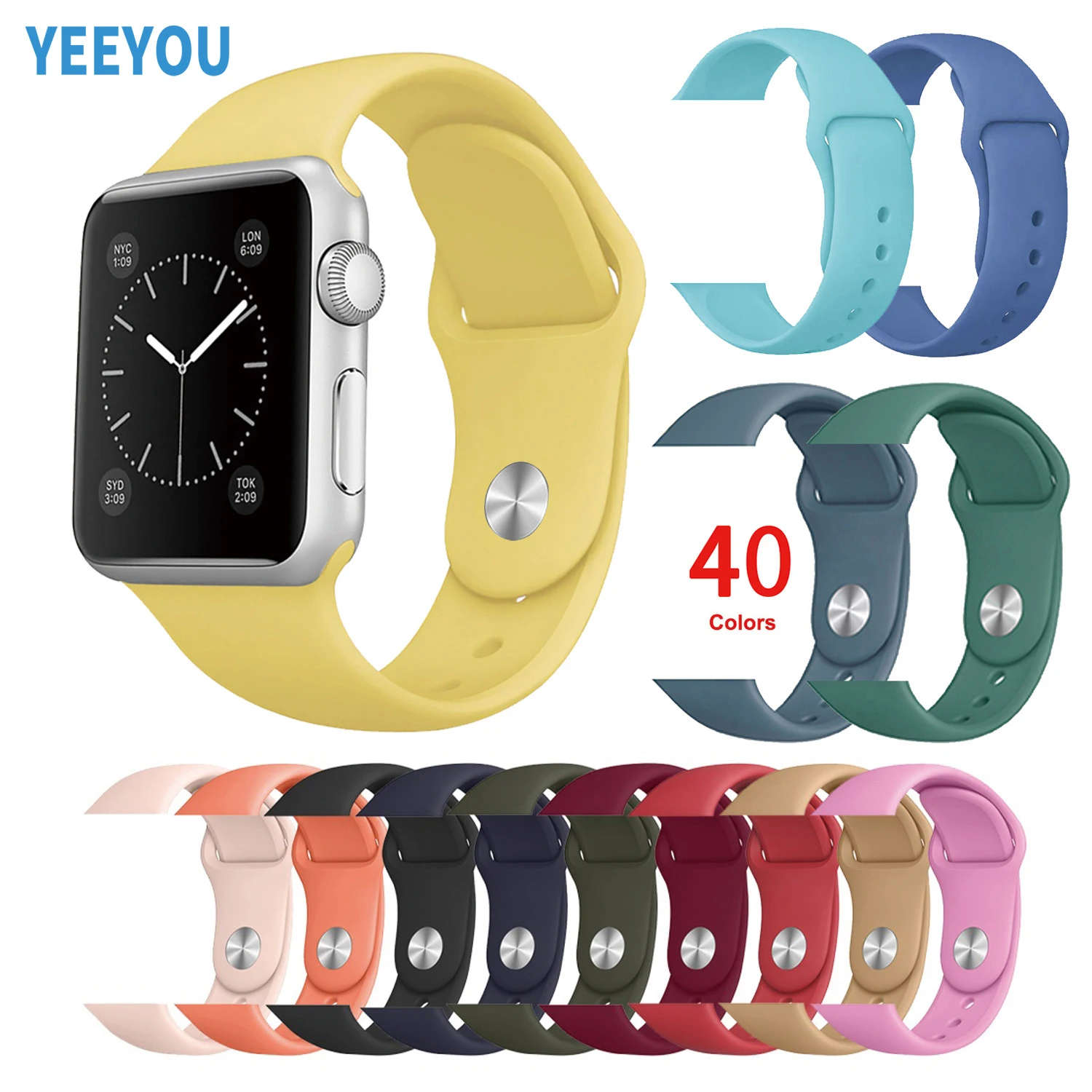 

YEEYOU Soft Silicone Replacement Rubber Strap For Apple Watch Band Series 7 SE Wristband 38 40 41mm 42 44 45mm Engraved LOGO, Multi-color optional or customized