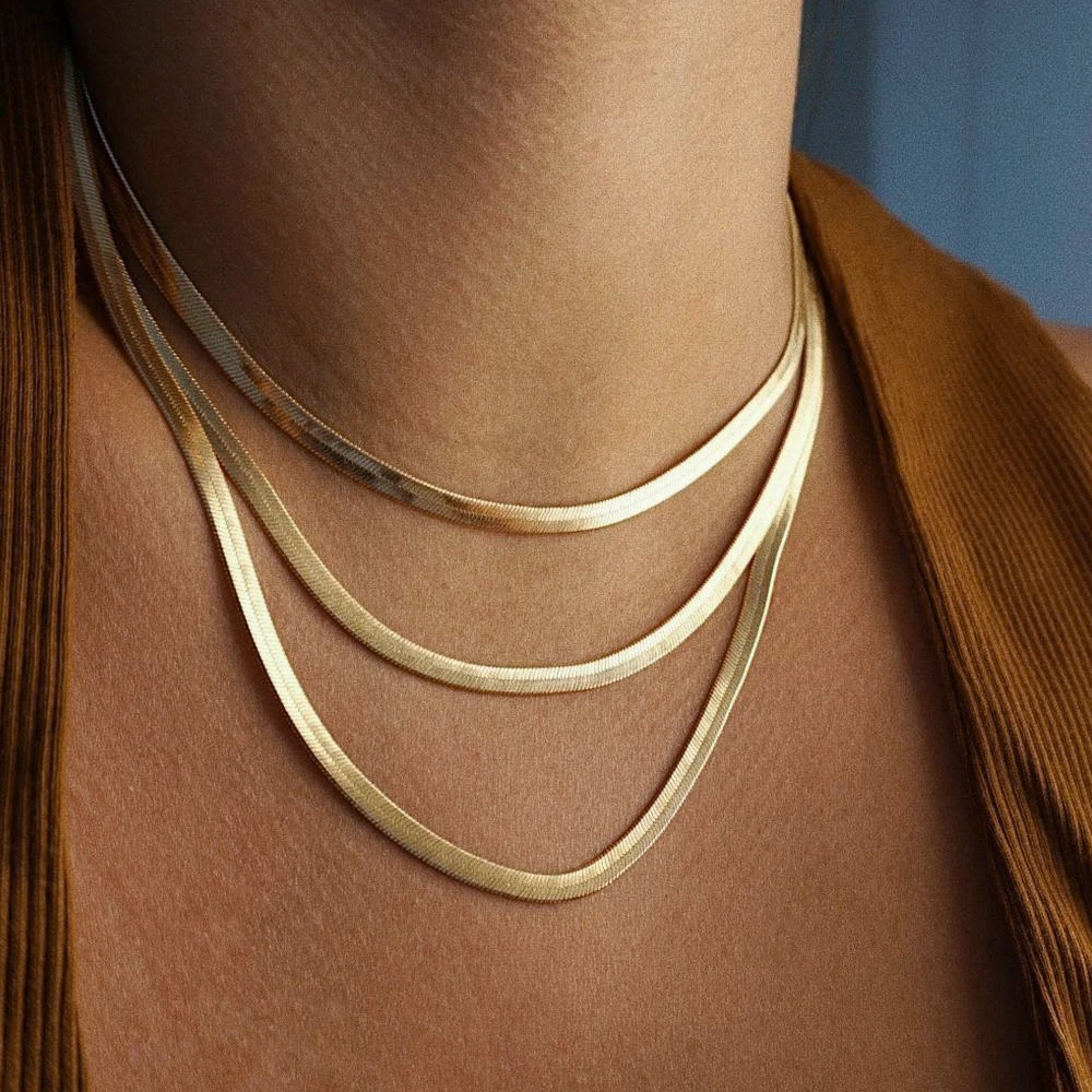 

2021 Custom Trendy 18k Gold Filled Stainless Steel Herringbone Chain Necklace Snake Chain Necklace Herringbone Choker