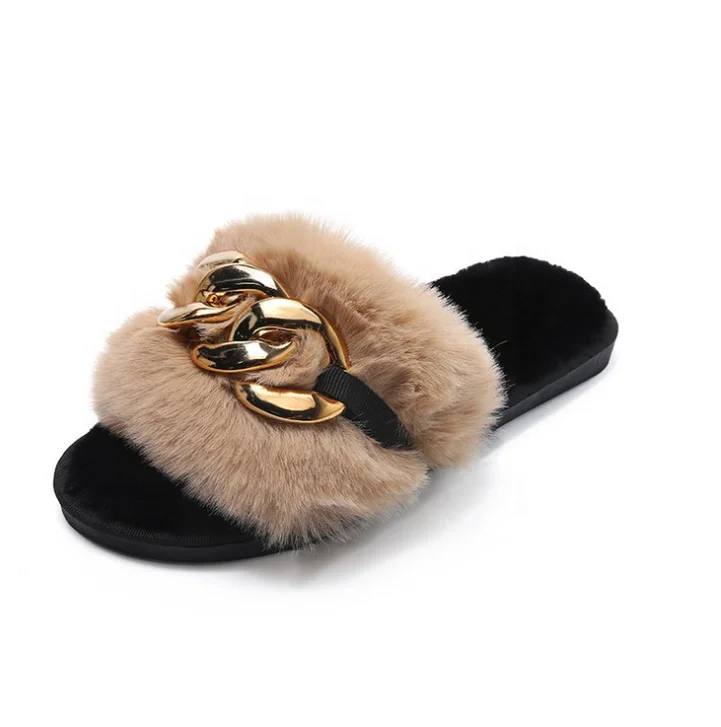 

Leslides High Quality Fur Flat Sandals Furry Women's Sandals Soft Fur Slippers Sandals Fur Indoor Slides With Large Gold Chain, White black brown grey pink