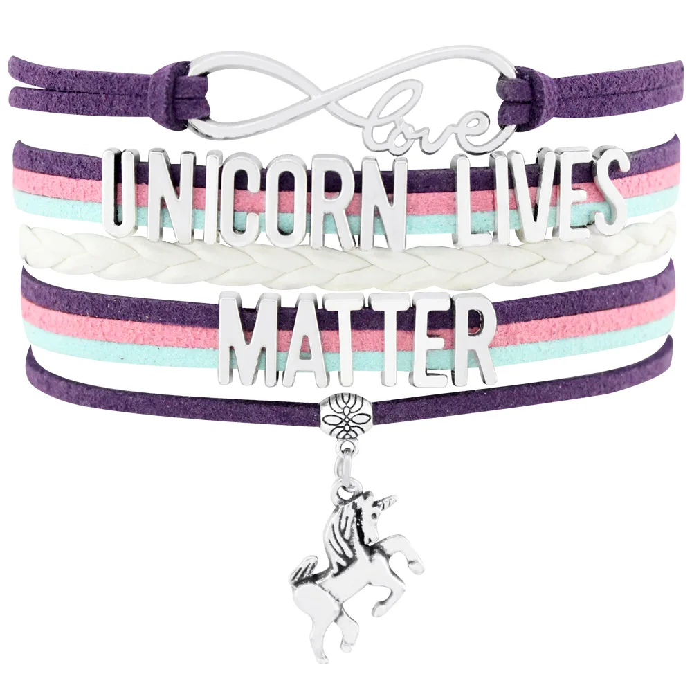 

Factory Drop Shipping Custom Infinity Love Unicorn Lives Matter Unicorn Mom Leather Bracelets for Women Unicorn Bracelets, Silver plated