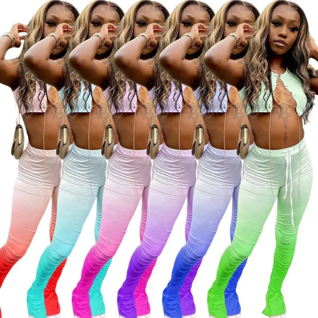 

2021 Summer Gradient Color Bandage Mental Chain Crop Top Stacked Pants 2 Piece Set Women, As picture