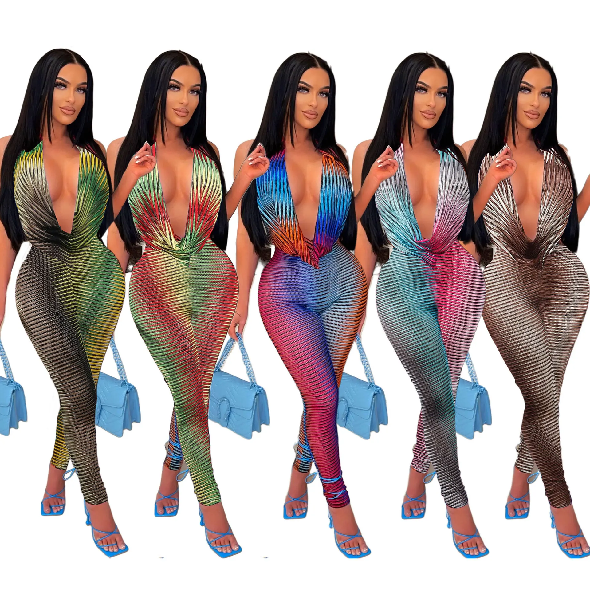 

H9370 - women fashionable printed sleeveless V neck backless one piece jumpsuit