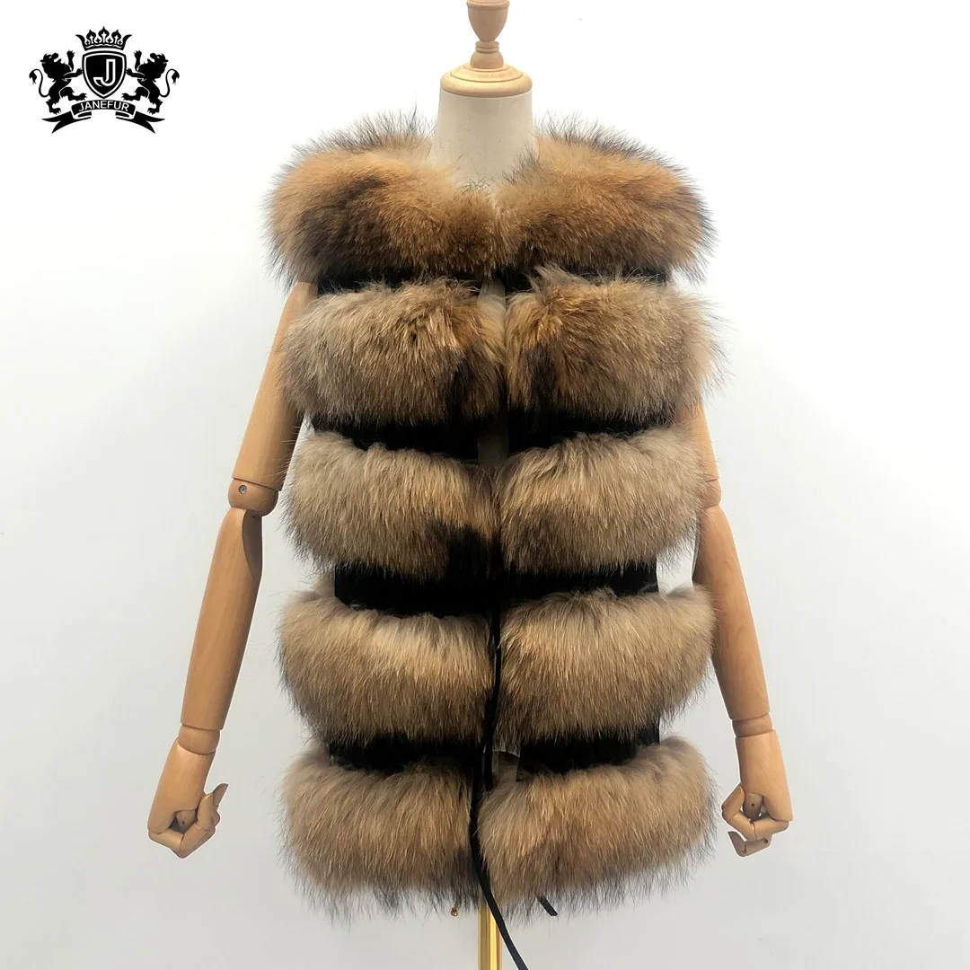 妇女全毛皮定制冬季衣服长真正的浣熊皮大衣女士无袖外套天然毛皮背心