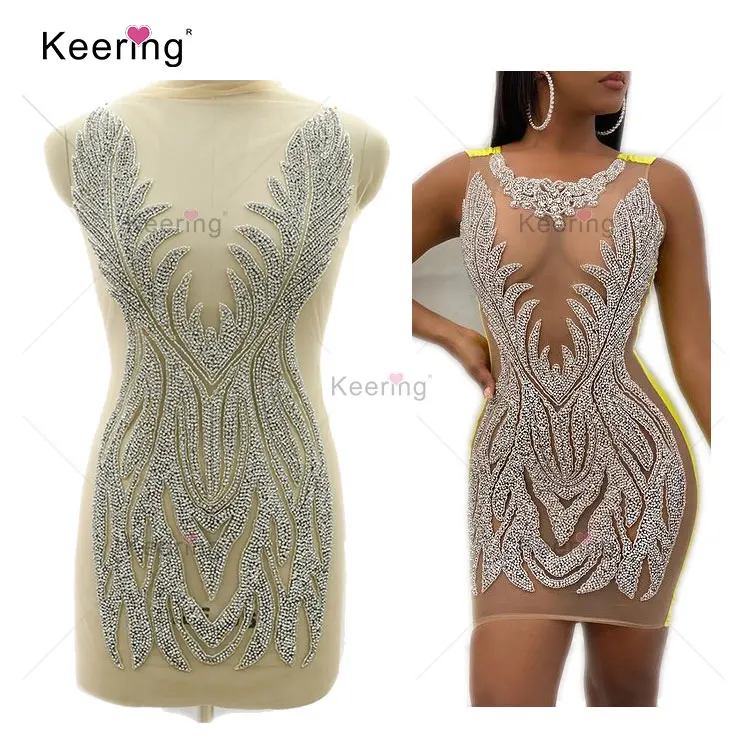 

Hot selling silver rhinestone dress applique for ballgown evening wedding dress party WDP-368, Silver with nude mesh