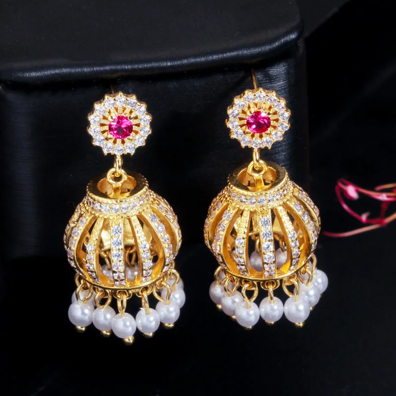 Vintage Royal Design with Cubic Zirconia Indian Gold Plated Statement Large Tassel Drop Pearl Beaded Ethnic Earrings for Women