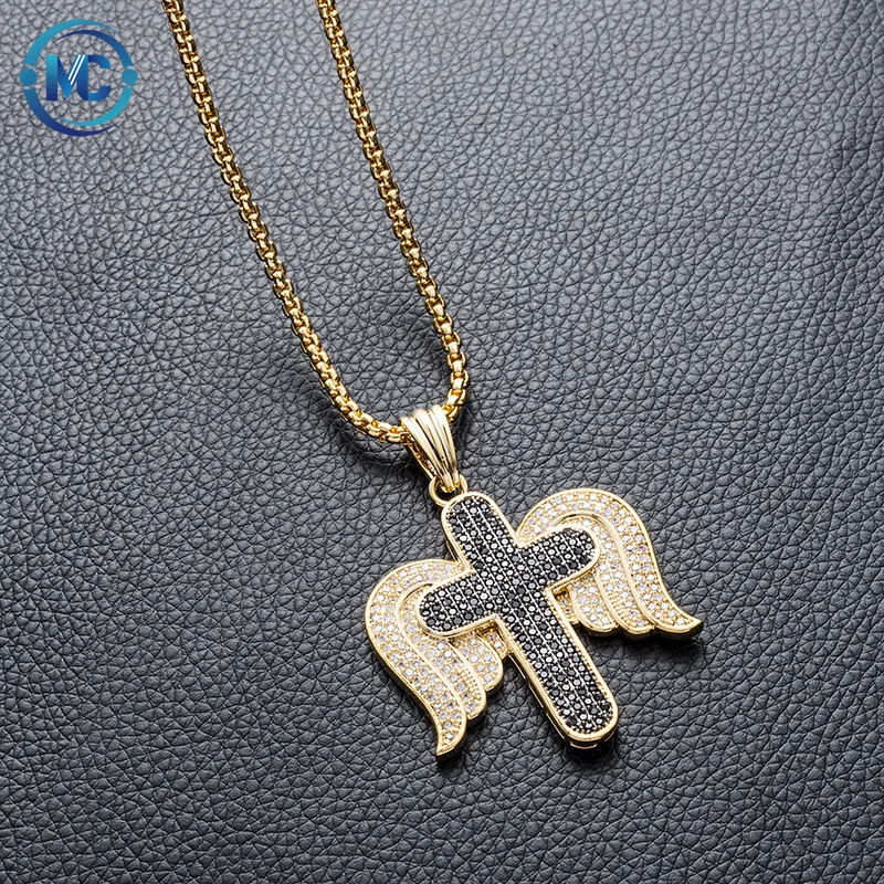 

2021 Full diamond Cross With Angel Wing Pendant Hip Hop jewelry