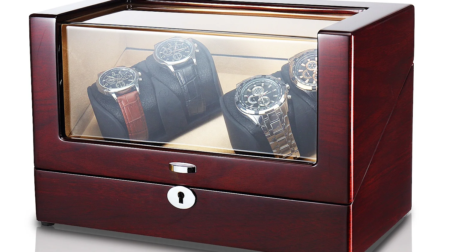 Double Rotors Automatic Wooden Watch Winder For 4 Watches With Led
