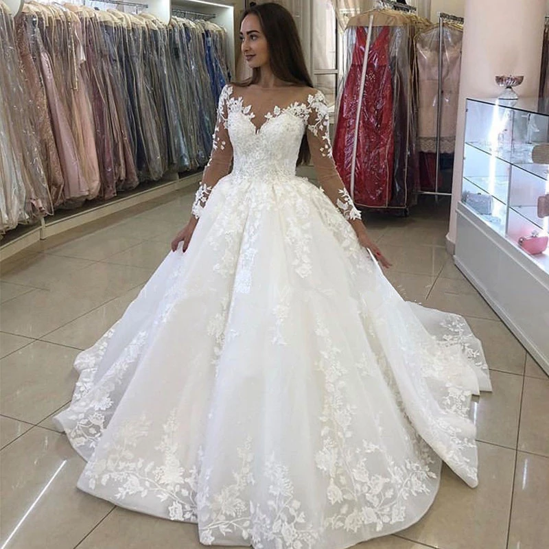 

FA208 2021African Beautiful Princess Ball Gown Wedding Dresses Lace Applique Long Sleeves White Bridal Gown Plus Size, Default or custom