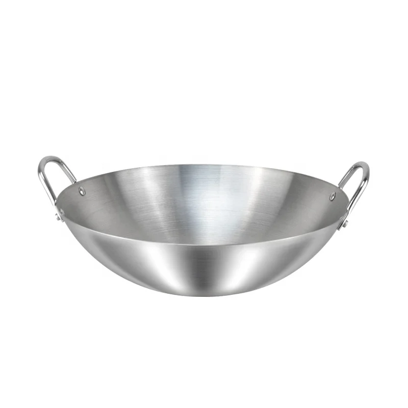 

Factory-outlet stainless steel wok pan Chinese traditional wok with two handles range size 30 to 100cm, Stainless steel color