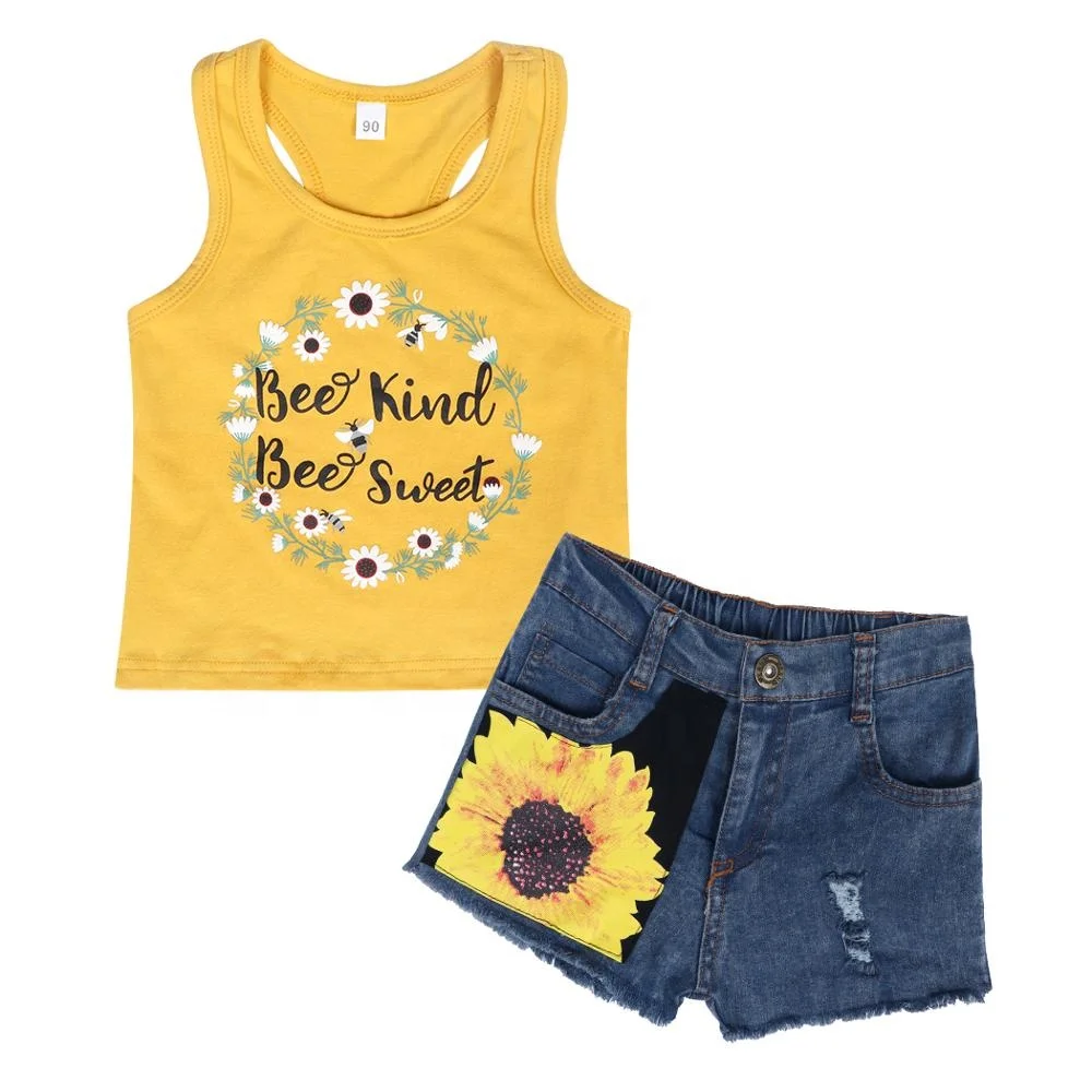 

Cute Girl T-Shirt Flower Denim Casual Shorts Popular Kids Boutique Clothing Sets