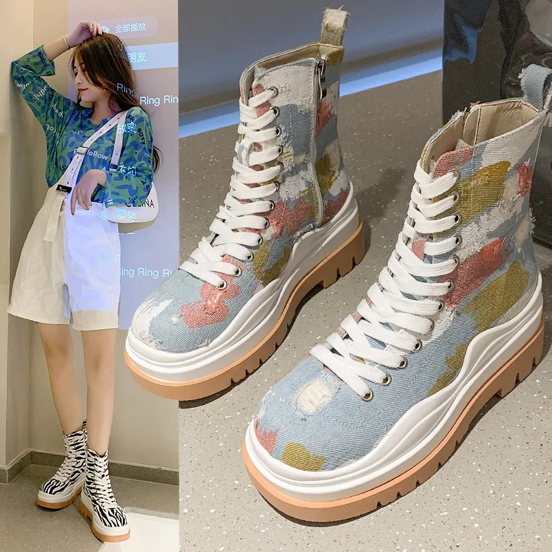 

2021 HOT Autumn Women Boots Casual Canvas Shoes Woman Ankle Boots Fashion Platform Shoes Woman Boots Zapatos De Mujer, Pink-blue,black-blue,leopard,zebra pattern