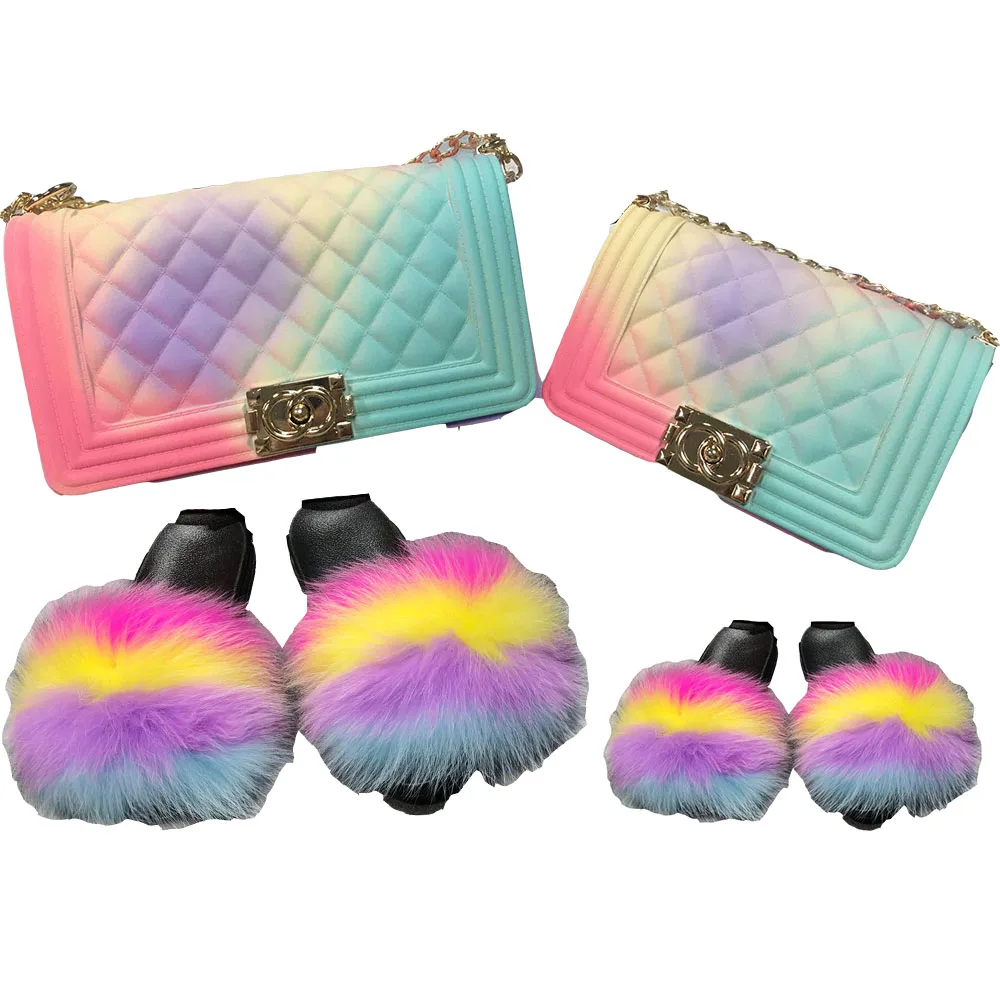 

2021 Fashion Fur Slippers Mommy And Me Purse Set Handbags Real Fox Fur Children's Sandals Mommy And Me Fur Slides Slippers, As picture show or customized