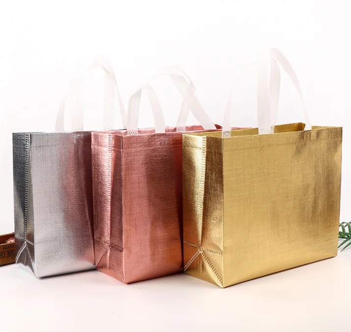 

Bride Foldable Shopping Bag Gold Silver Rose Gold Lamination Metallic Laser Non Woven Fabric Bag, Nature/customized color