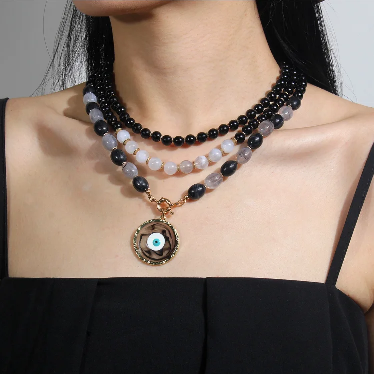 

New Design Multicolored Resin Acrylic Beads Collar Necklace For Women Statement Black Pearl Eye Pendant Choker Necklace Jewelry