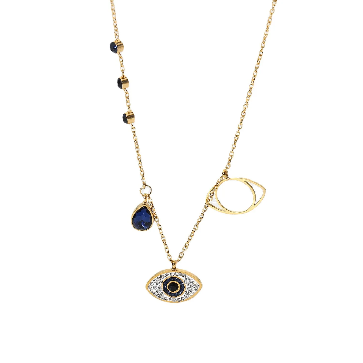 

Luxury Jewelry 18K Gold Plated Stainless Steel Chain Chocker Gemstone Evil Eyes Zircon Necklace Blue Tears Pendant Necklace Gift