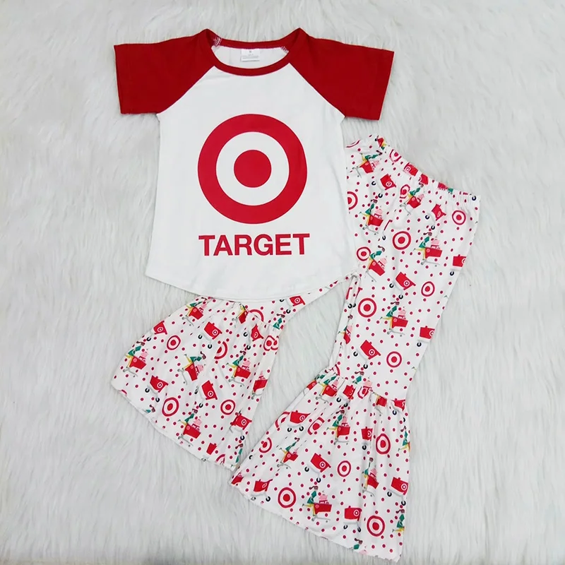 

Toddler Baby girl summer 2 piece set target pattern and bell bottom pants girls clothing set milk silk boutique clothing, Red