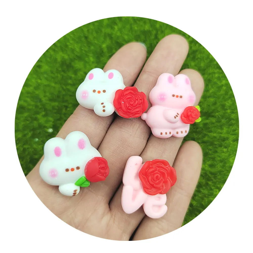 

New Creative Kawaii Cartoon Bear Rabbit Bunny Animals With Red Flowers Crafts Scrapbook DIY Phone Shell Hair Bow Center Decor