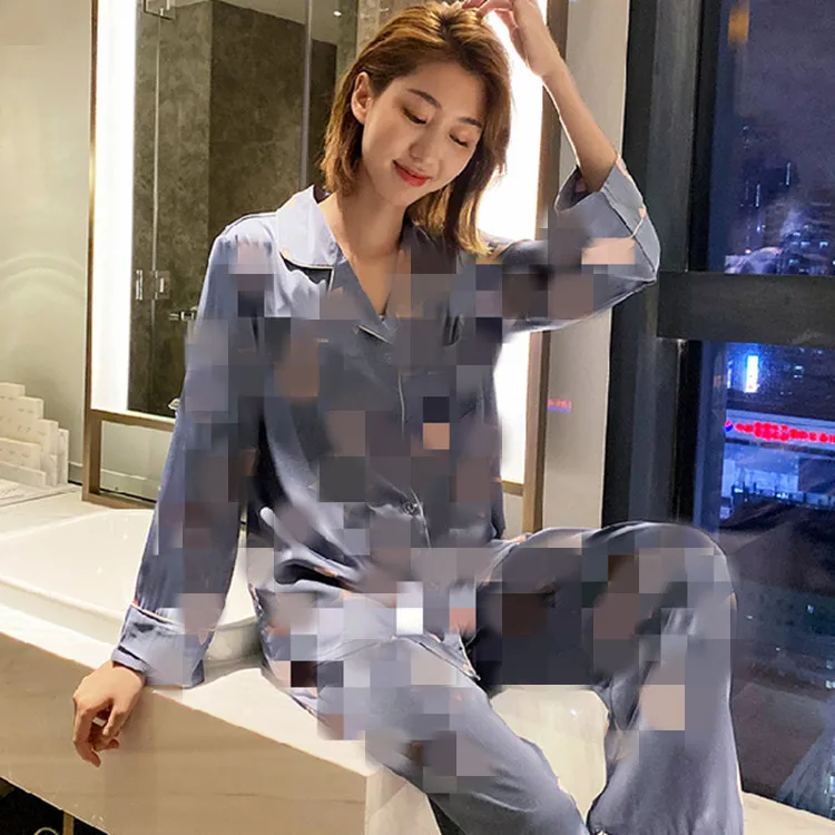 

Summer Thin Women Ice Silk Letter Pattern Floral Pajamas Long Sleeve Sleepwear Homewear Two Piece Set, Shown