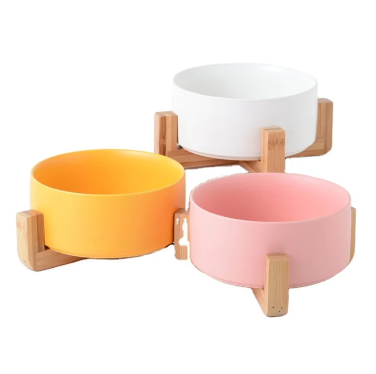 

Nordic wood frame Ceramic pet salad bowl Ceramic cat food bowl dog rice water bowl