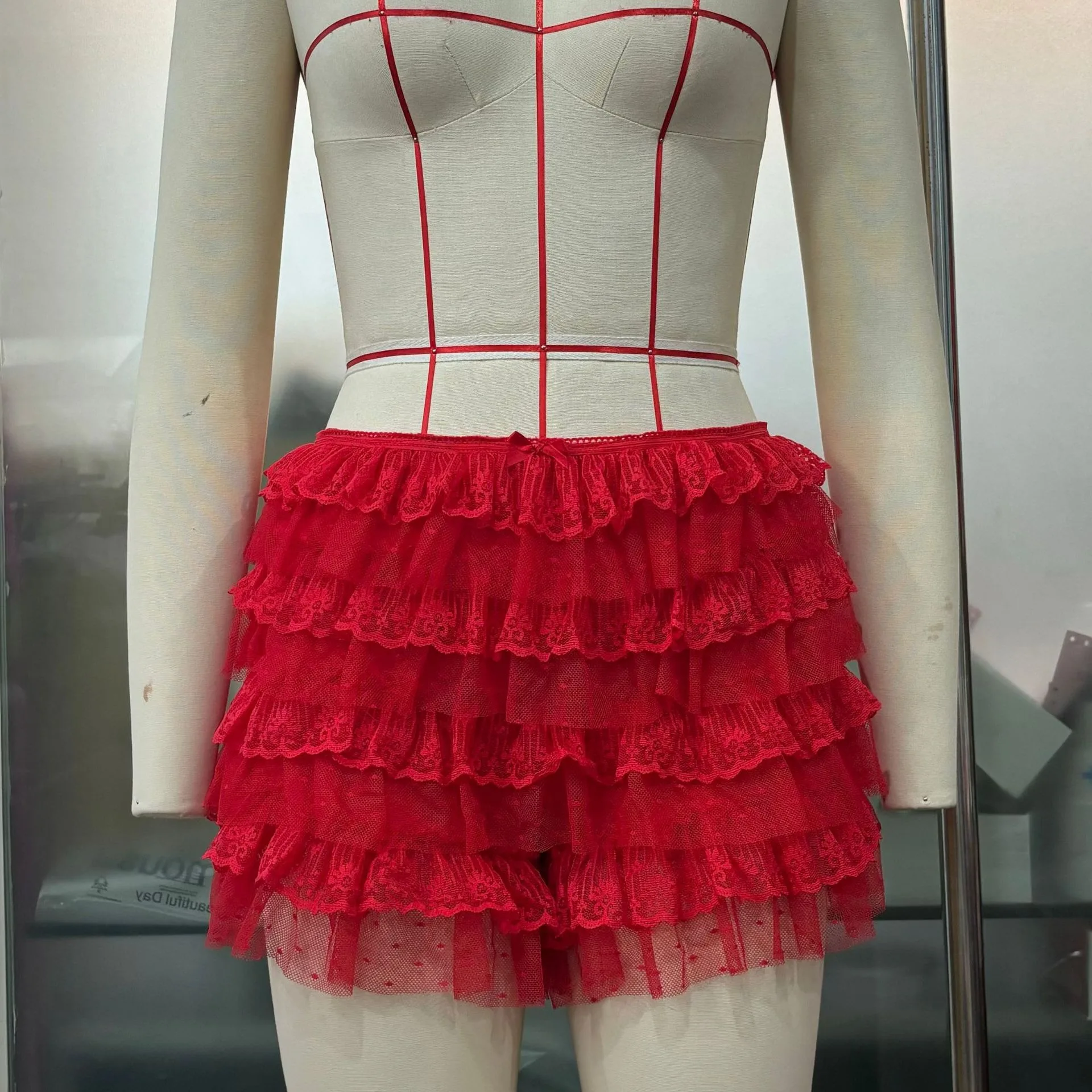 Fashion Women Sweet Summer Lace Ruffles Tiered Shorts Bow Decor Low Rise Layered Skorts