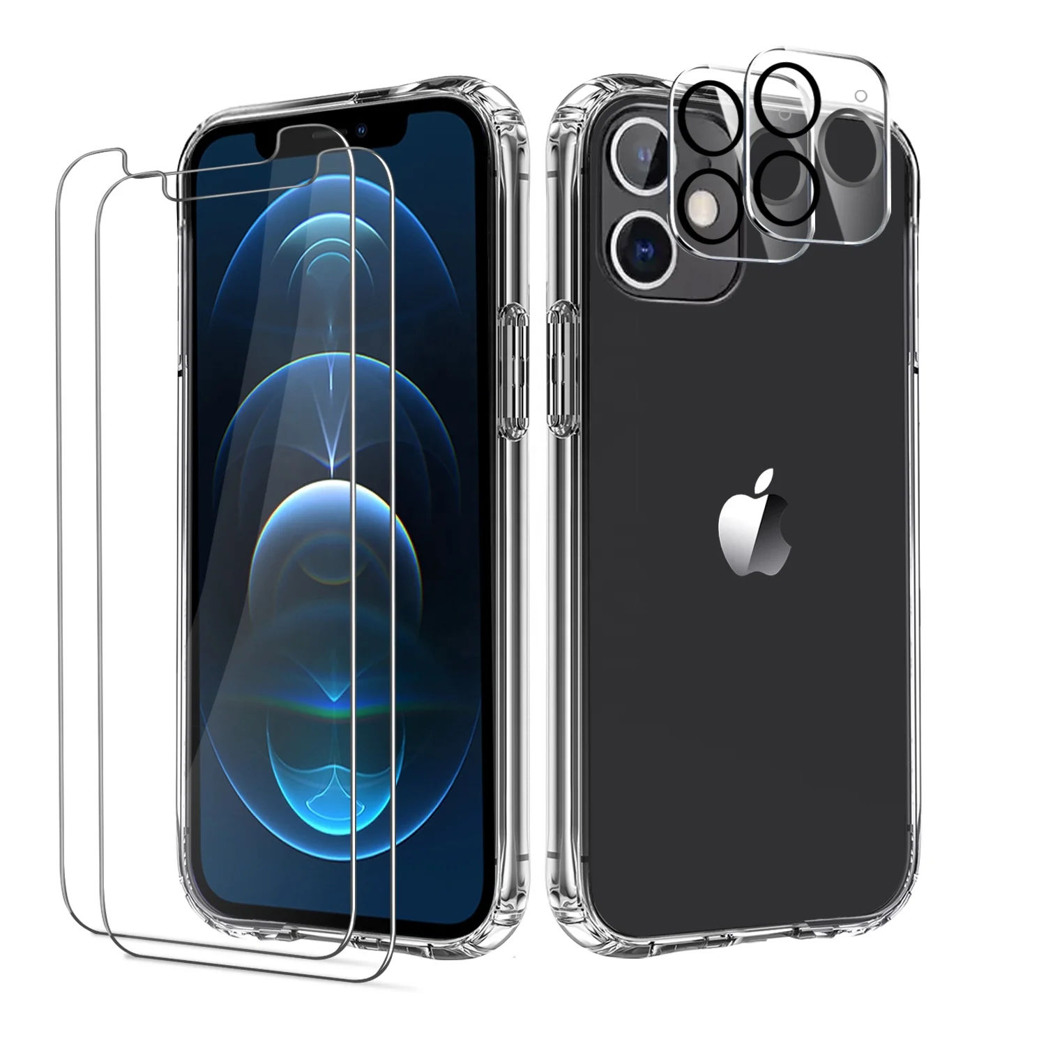 

Bundle Mobile Phone Case Clear Cover 2.5D Screen Protector Camera Lens Tempered Glass For iPhone 11 12 Pro Max XS XR