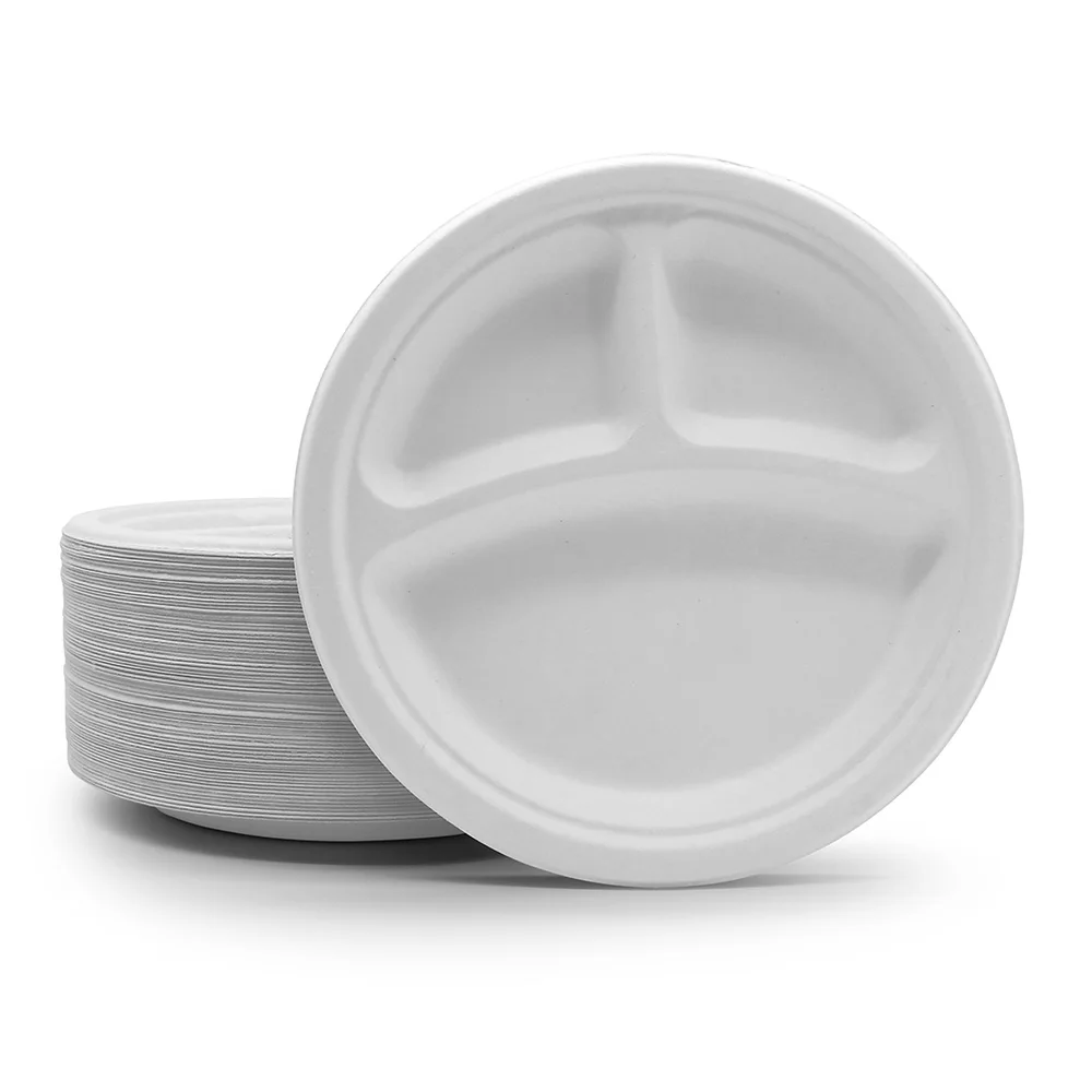 

Biodegradable eco friendly white 3 Compartment Round Plate 9 inch bagasse plates sugarcane, White or natural