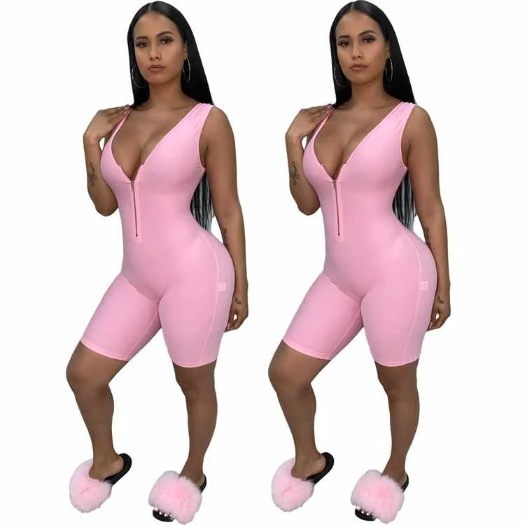 

fashion solid sleeveless women rompers short one piece jumpsuit with zip front, Picture shown