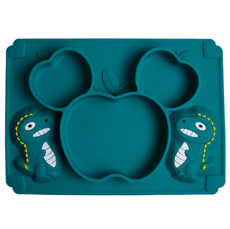 

2021 Premium Quality BPA Free Silicone Animal Shape Dinner Food Grade Silicone Baby Feeding Plate With Suction, Pink blackish green