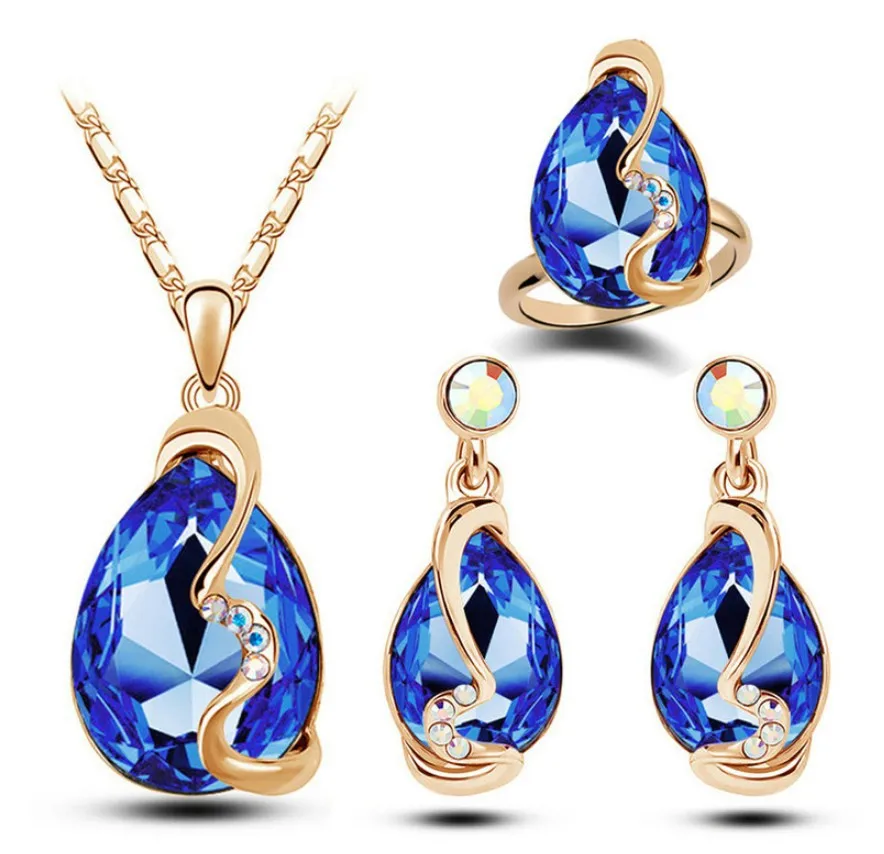 

00289-34 European and American fashion crystal diamond earrings necklace ring Three Piece Jewelry Set