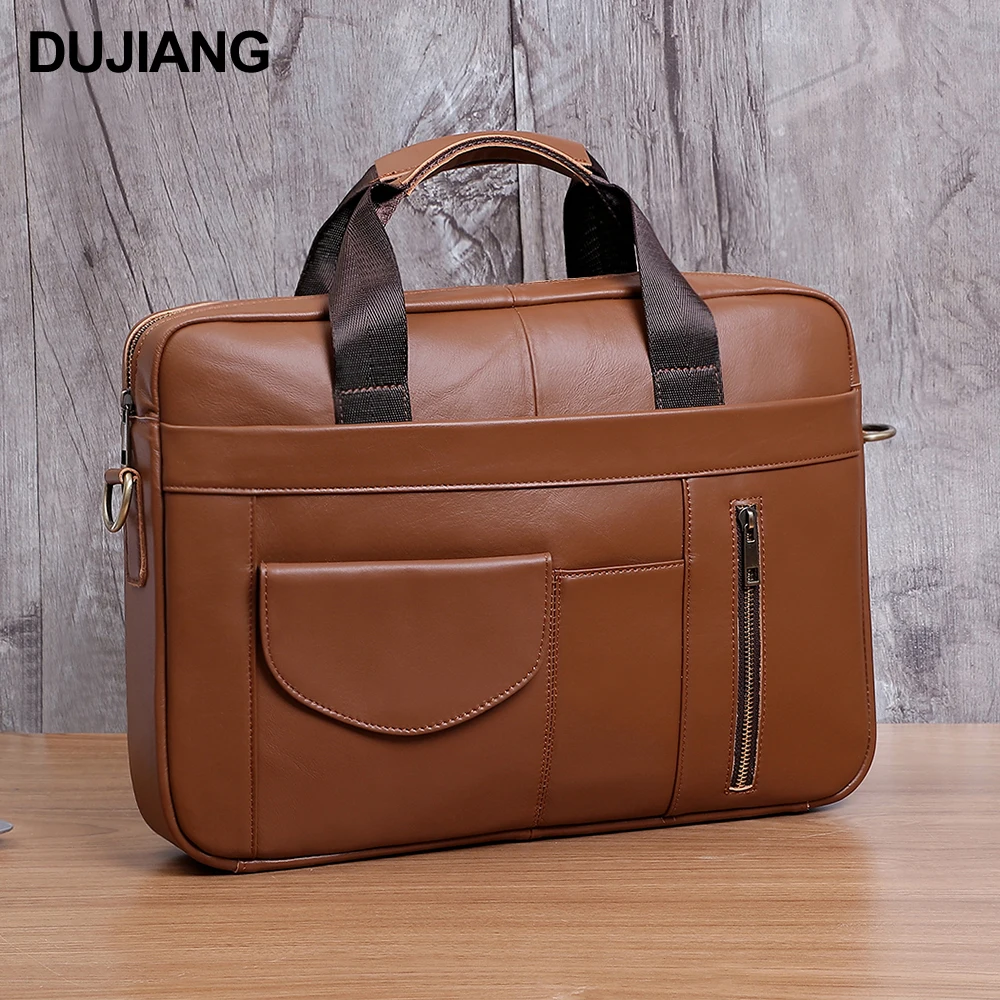 

DUJIANG Vintage Men's Messenger Bag Genuine Leather Business Briefcase with Zipper Closure for Laptop Handbag