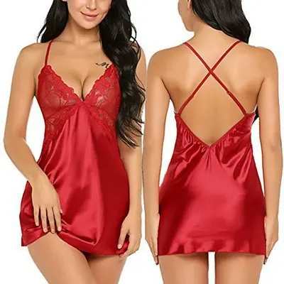 

Women Lingerie V Neck Nightwear Satin Sleepwear Lace Chemise Mini Teddy, Customized color