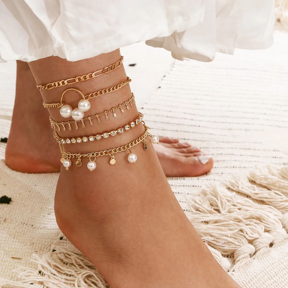 

Summer 5Pcs/Set Link Chain Imitation Pearl Charm Ankle Bracelet Multi Layers Rhinestone Crystal Pearl Anklet Set for Sweet Women