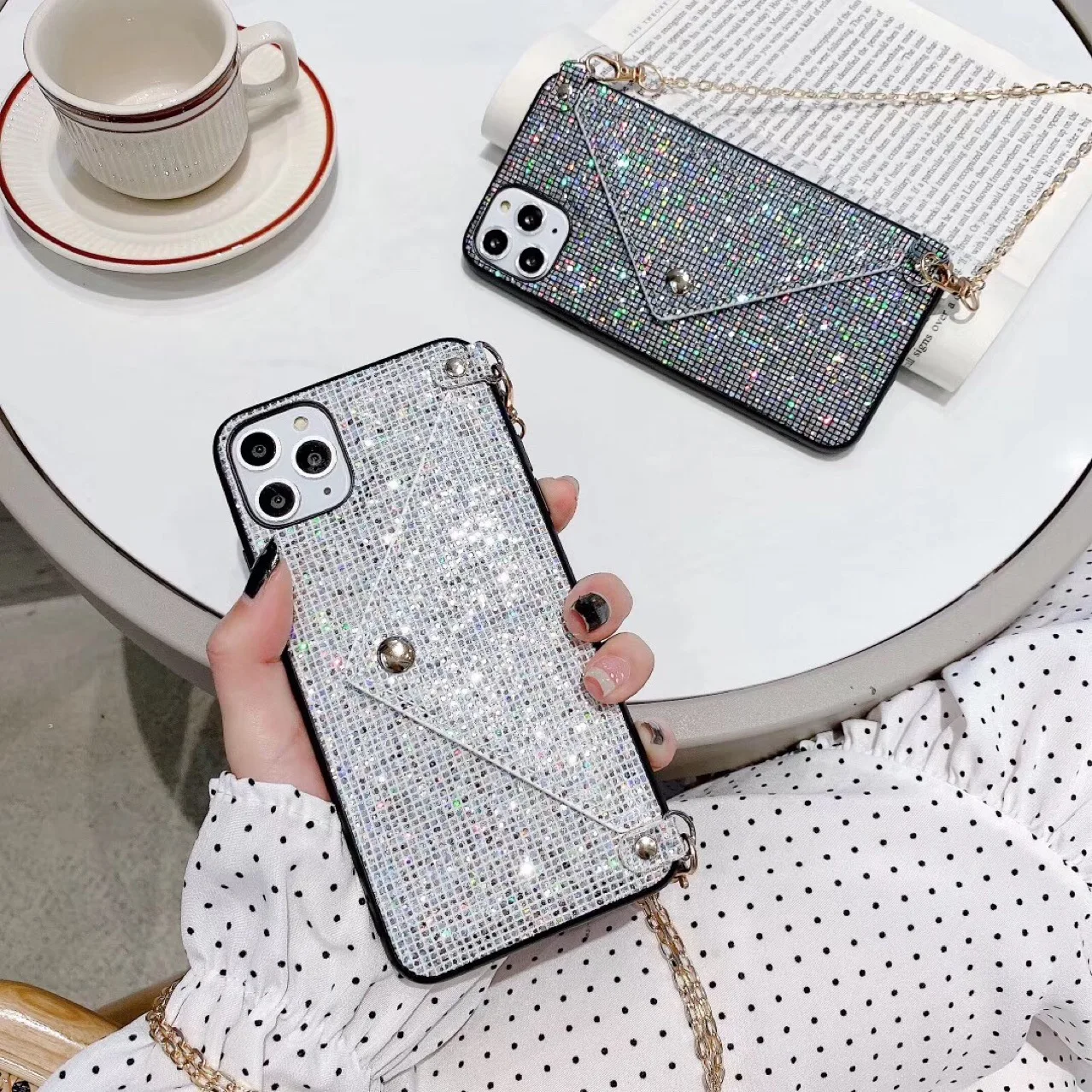 

Best Seller Glitter Shining Phone Case Fashion Wallet Cover For iPhone 12 11Pro XS Max X 7 8 With Chain Crossbody For Huawei