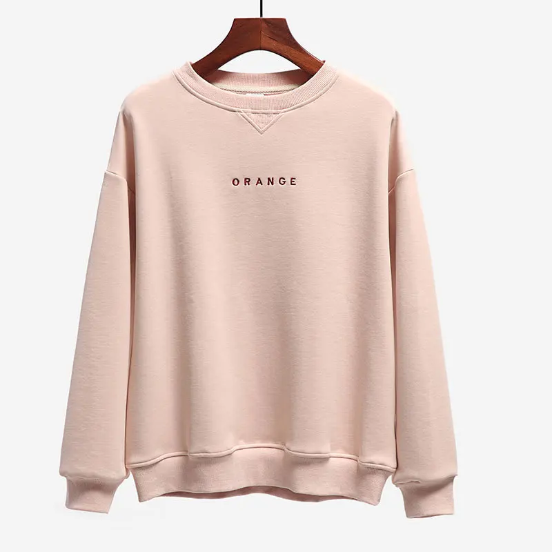 

Women Cotton Pullover Solid Crewneck Letter Embroidery Sweatshirt Plus Cashmere Style There are many colors to choose from, White, pink, apricot, green, orange, black