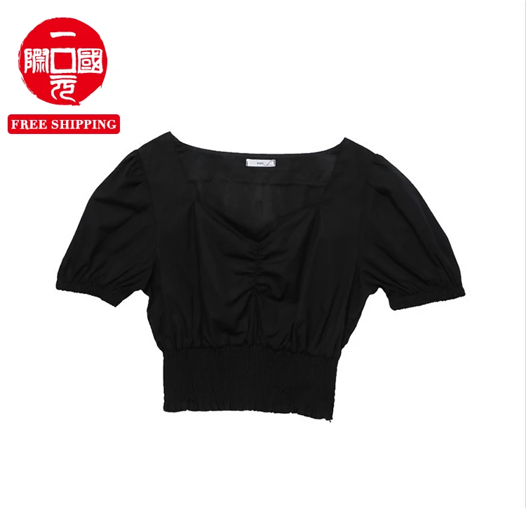 

2021 summer folds women's Korean version of French fashion T-shirt solid color waist top puff sleeves