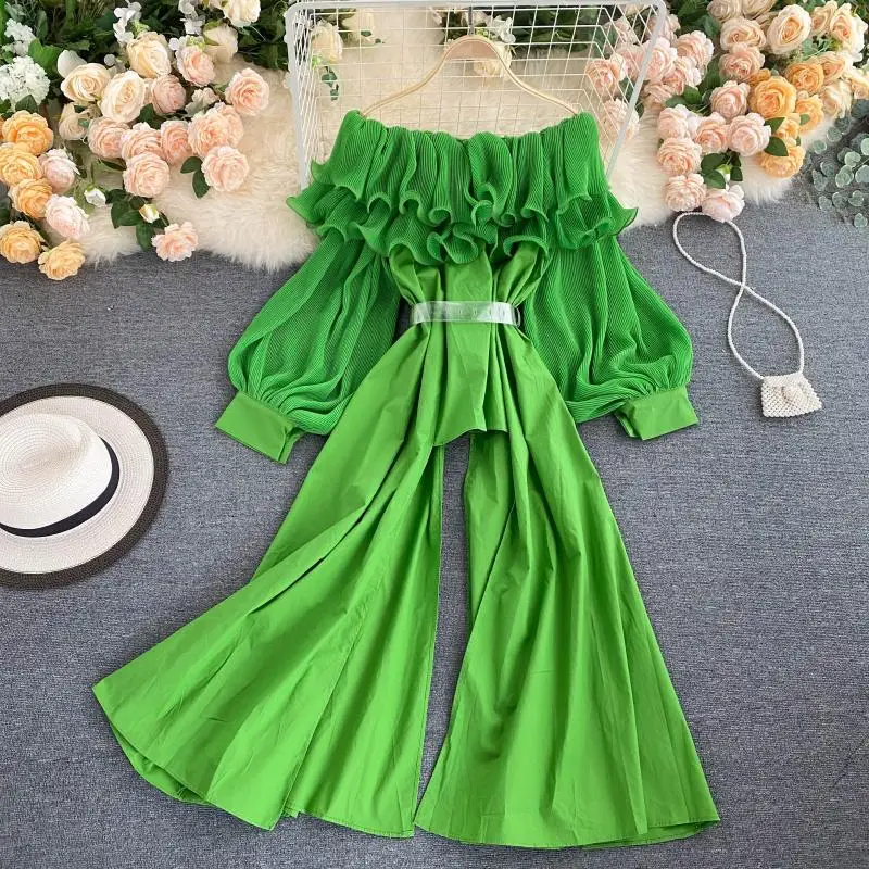 

Off-Shoulder Top 2022 Spring Autumn Women's Loose Playsuits Pleated Ruffled Fashion Long Sleeve Chiffon Shirt Jumpsuit Rompers