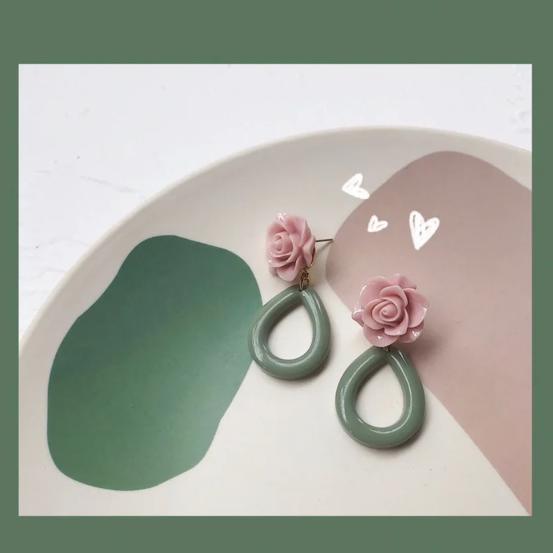 

JUHU 2021 New Resin Earrings Rose Flower Geometric Drop Earrings, As picture