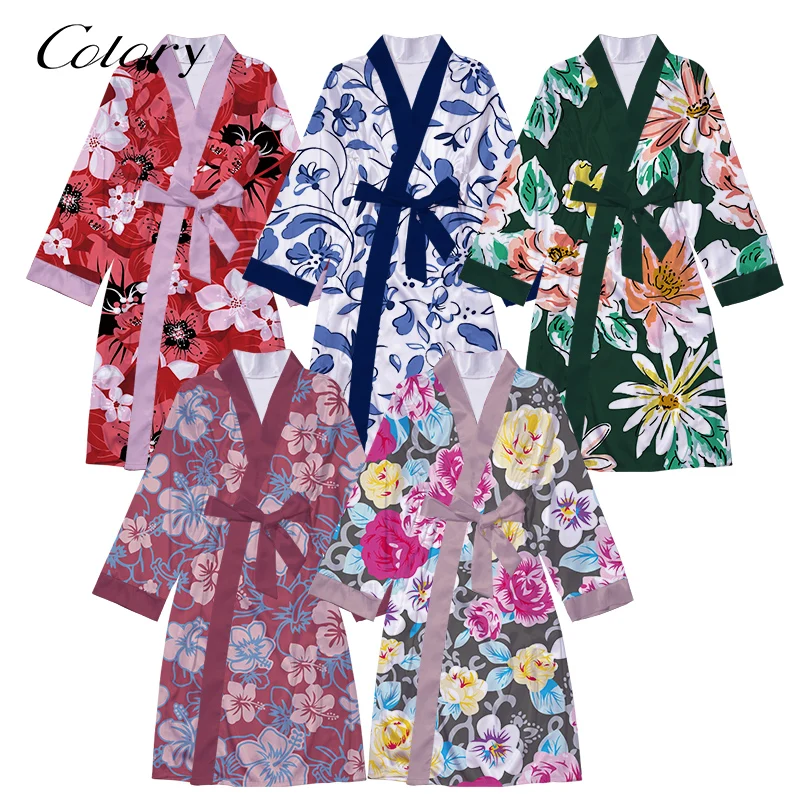 

Colory New Arrival Floral Satin Silk Nightgown Sleepwear Dollar Money Print Robe Satin Robes for Women, Customized color