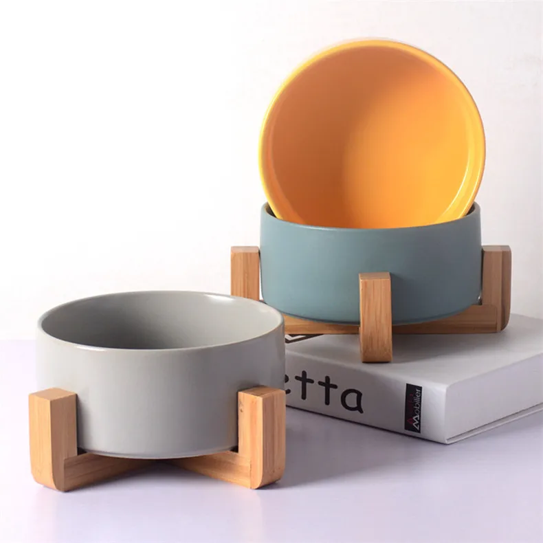 

Wholesale customized matte overhead dog bowl non-slip ceramic pet bowl with wooden shelf cat bowl, Green,yellow,grey,white,pink