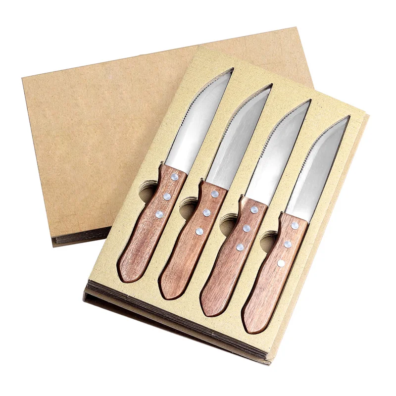 

Wholesale 4-piece Wooden handle Premium Stainless steel Steak Knife Set with Eco-Packaging