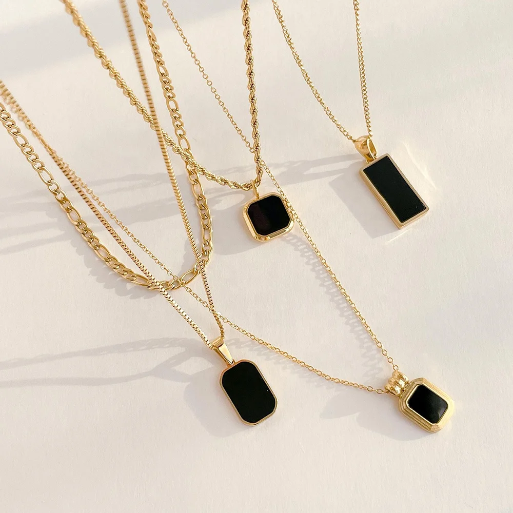 

New 18K Gold Filled Stainless Steel Necklace Jewelry Figaro Chain Double Layered Black Onyx Enamel Square Charm Women Necklaces