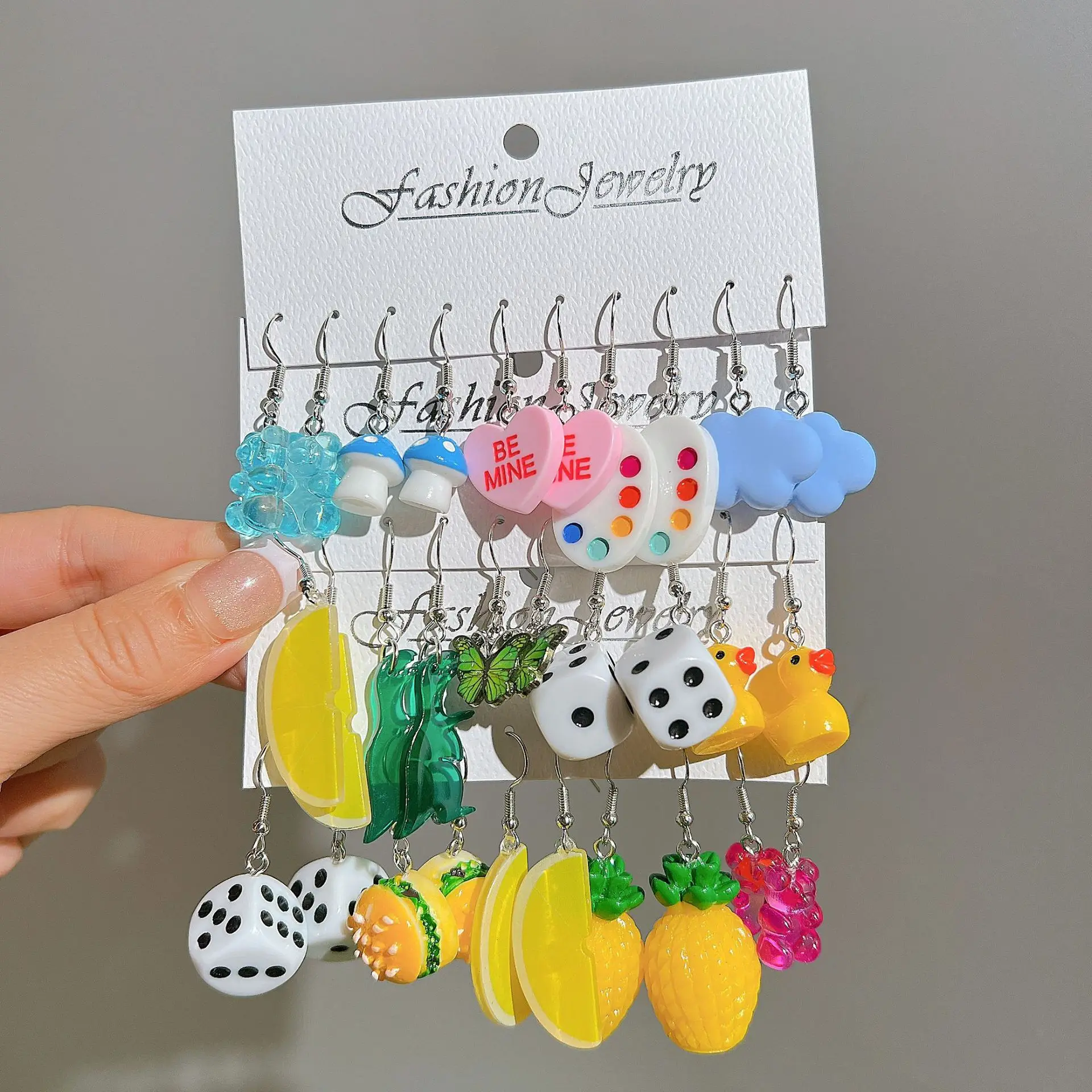 

Cute cartoon colorful acrylicheart fruit drop oil butterfly pendant Chain earrings creative animal new girl earring set