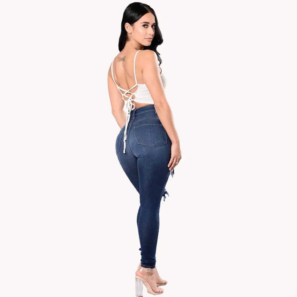 

Skinny style zipper fly straight Denim riped jeans for women