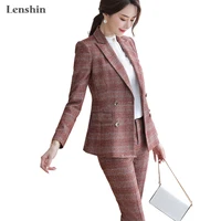 

Lenshin High Quality 2 Piece Set Plaid Formal Pant Suit Blazer Office Lady Uniform Designs Women Business Jacket and Pant
