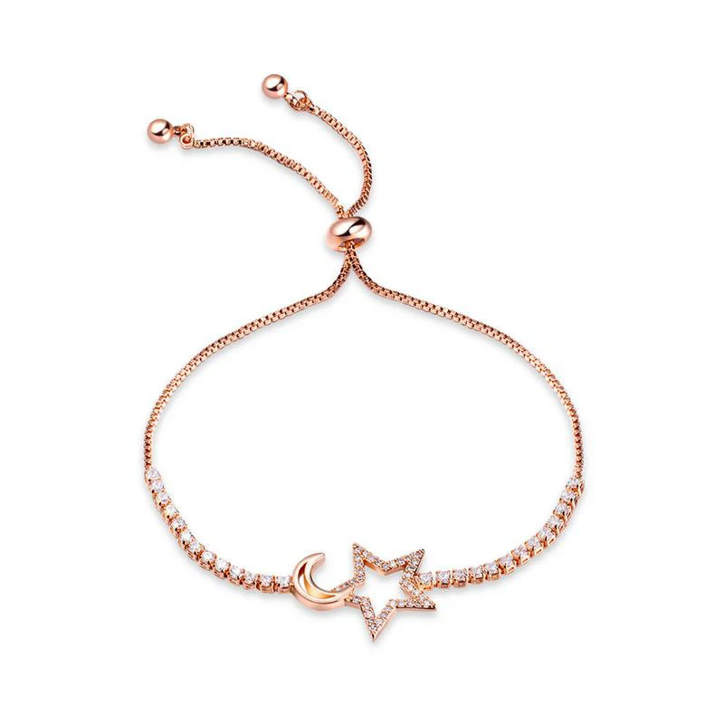 

Adjustable Chain Moon Star Charm Bracelet Women CZ Zircon Rose Gold Copper Bracelets (KB8206), As picture