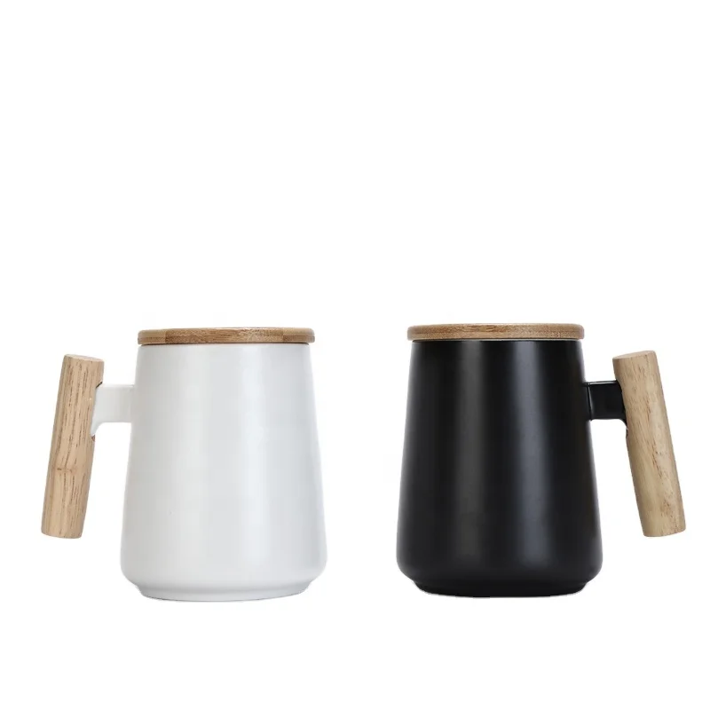 

High-temperature Porcelain Mug With Wooden Handle and Bamboo Lid and Spoon Coffee Milk Tea Ceramic Mug, Black,white