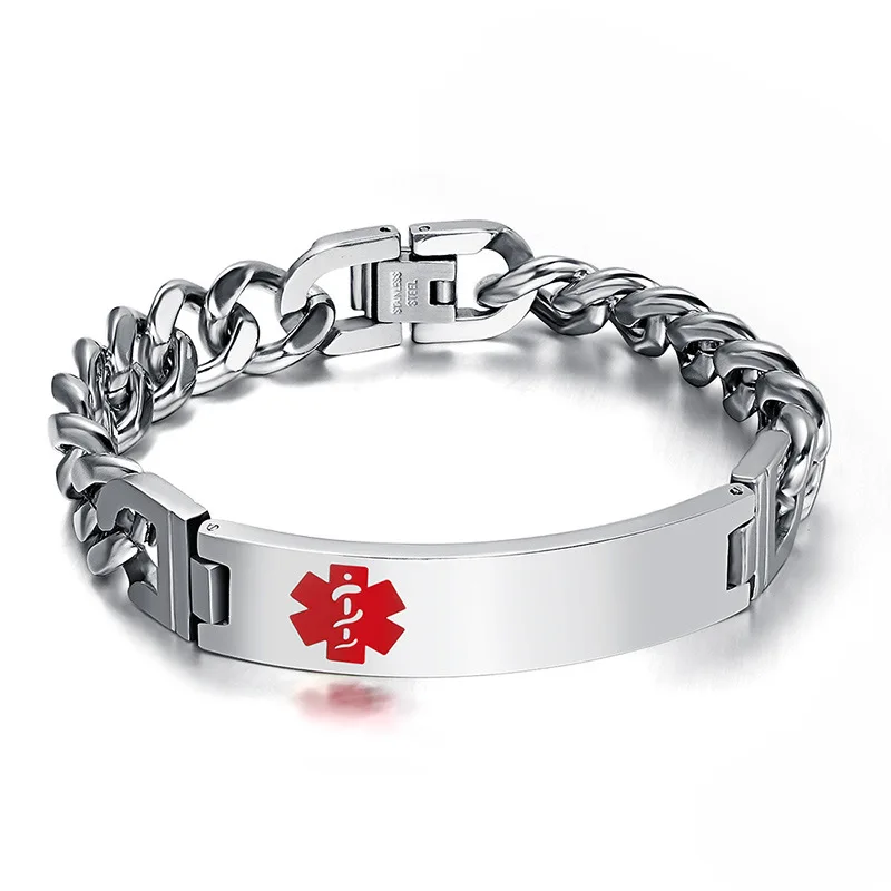 

Wholesale High Quality Silver Stainless Steel Link Chain Medical Alert Logo Tag Bangle Bracelet For Men, 200mm