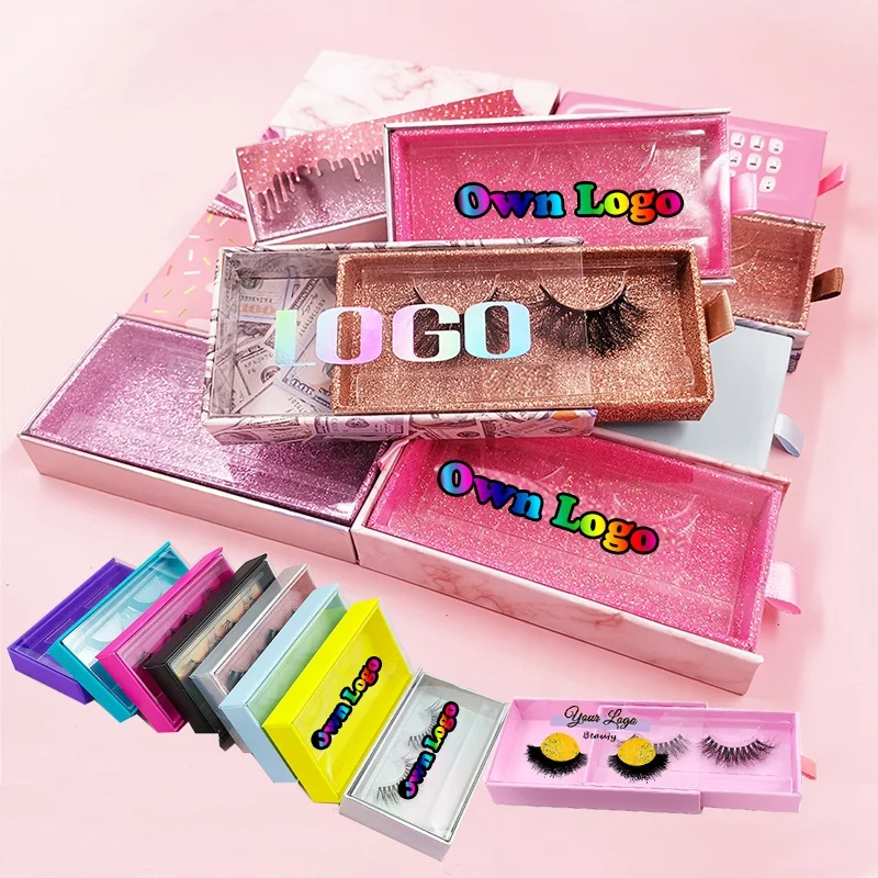 

Private label Small Order Holographic Pull Out Eyelash Packaging case pink marble pattern rectangular drawer lash box, Multicolor