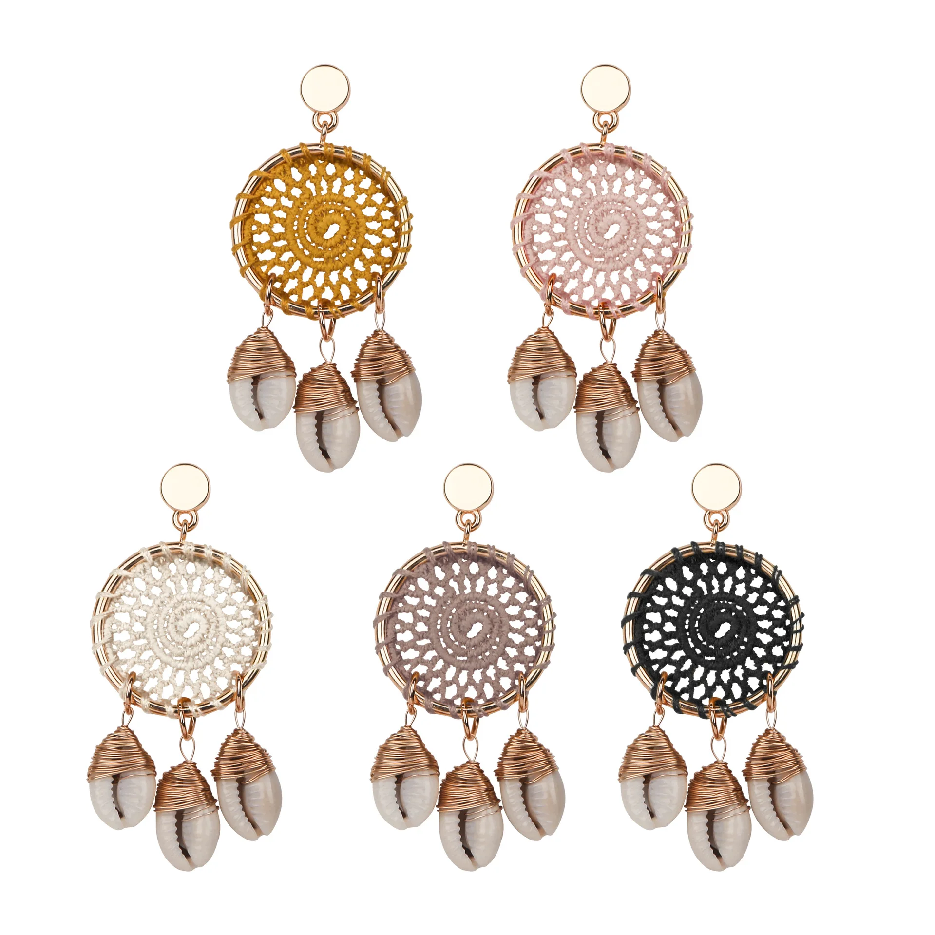 

Bohemian earrings Good Luck Geometric Large Circle Woven Dream Net Natural Shell Long Tassel Dangle Earring for Women Girls