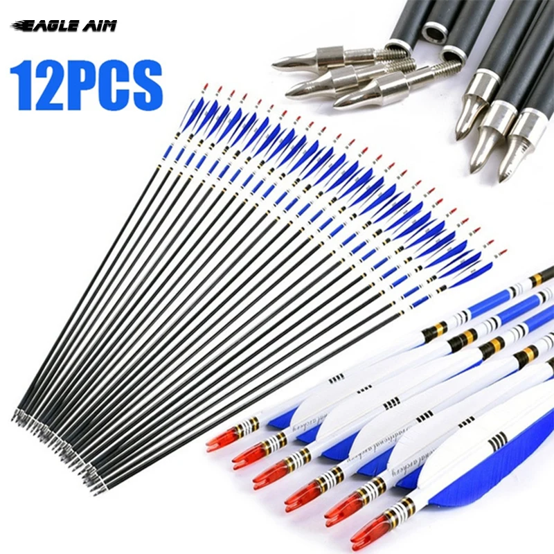

12Pcs 30inch Carbon Arrows Turkey feather for 20-50lbs Longbow Recurve Bow Hunting Archery